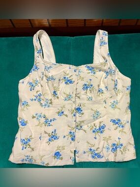 Floral Button-Front Cami Top in Cream and Blue